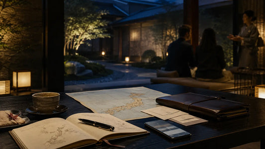 JapanSolved private travel planning and cultural access scene showing a refined Japan-side planning table with itinerary notes, map, tea, and a quiet cultural setting beyond the window.